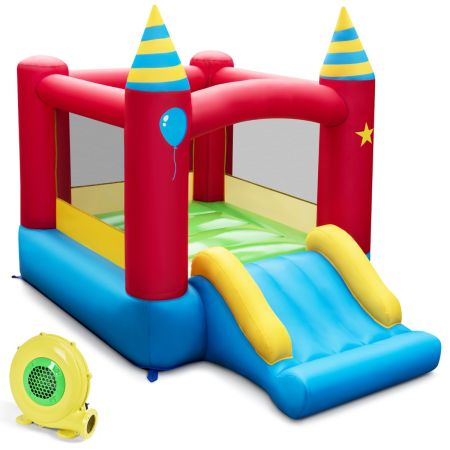 Brightly colored kids inflatable bounce house with slide, made of durable 420D oxford cloth, for outdoor fun.