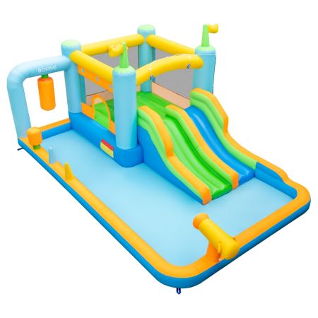 Inflatable bounce house with dual slides and splash pool, made of durable 420D PVC-coated oxford cloth for kids' fun.