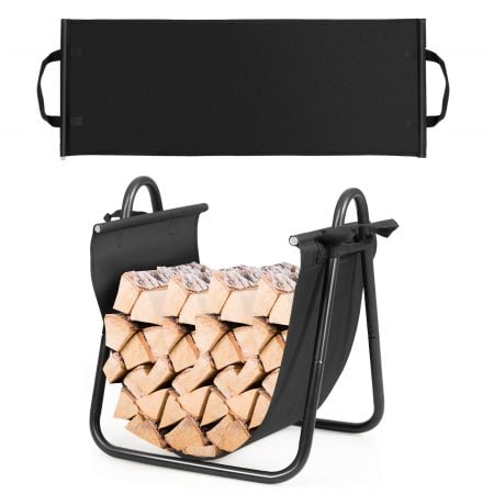 Fireplace log holder with canvas tote carrier, made of durable powder-coated steel, ideal for indoor and outdoor use.