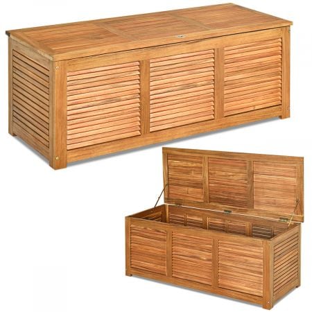 Acacia wood deck box with flexible hinges, featuring a spacious 180L interior for outdoor storage and seating.