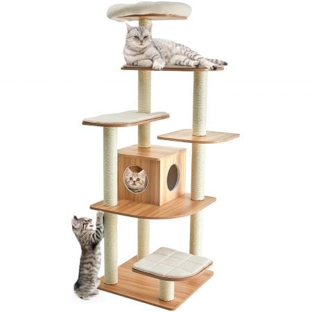 176 cm wooden cat tree with condo, 6-layer design, plush cushions, and sisal rope columns for scratching and climbing.