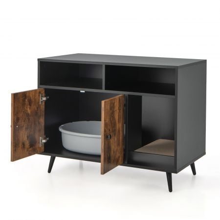 Cat litter box enclosure with scratching pad, wooden design, double-door cabinet, and spacious storage for cat supplies.