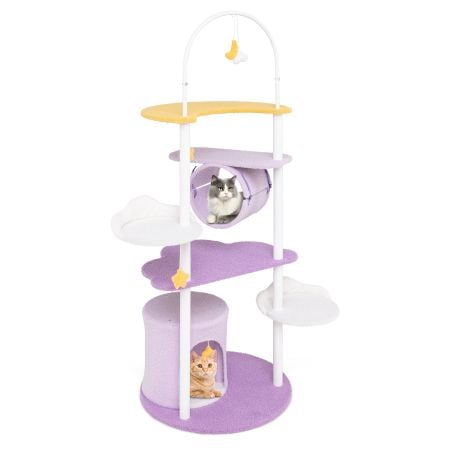 Multi-level purple cat tree with metal frame, featuring a moon-shaped platform, tunnel, and cloud-shaped perches for.