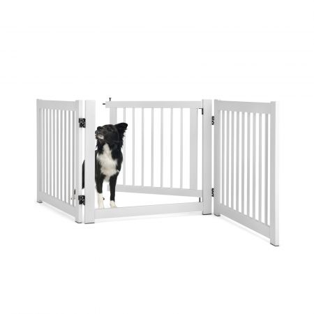 Freestanding foldable pet gate with lockable door, three panels, adjustable shape for stairs and doorways.