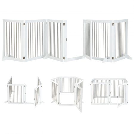 Freestanding 6-panel dog gate in white, foldable design with lockable door and support feet for versatile.