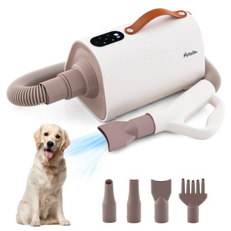 Dog hair blower with adjustable temperature and airflow, featuring a negative ion function for efficient drying and pet.