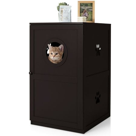 2-tier coffee cat house with entrance hole, paw-print vents, and sturdy design, perfect as a side table or storage.