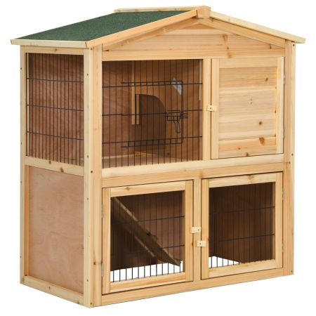 Large bunny rabbit cage made of natural fir wood with waterproof roof, featuring multi-door design and spacious living.