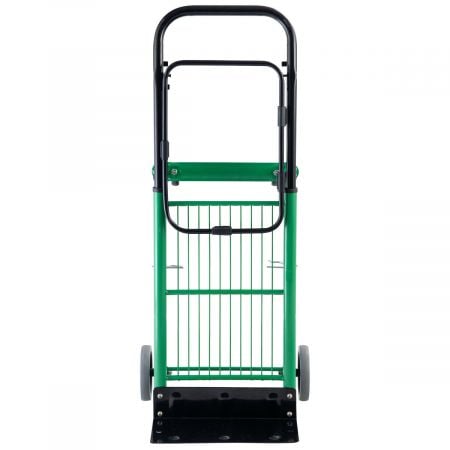 Multi-purpose folding sack barrow with sturdy steel frame and green non-slip wheels, ideal for transporting heavy items.
