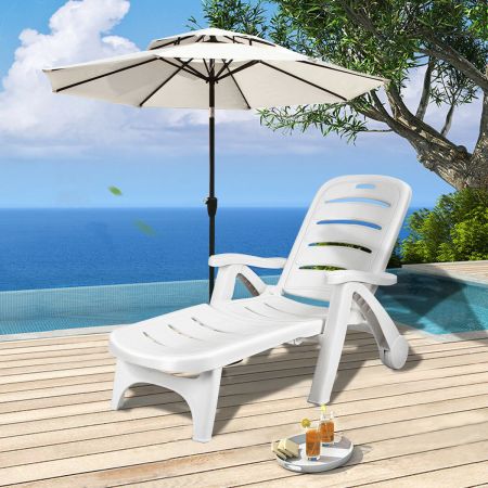 Folding White Sun Lounger Recliner Chair Beach Pool Seat with Wheel