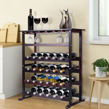 24 Bottle Wood Storage Wine Rack 18 Glass Holder Wine Display Stand Shelf