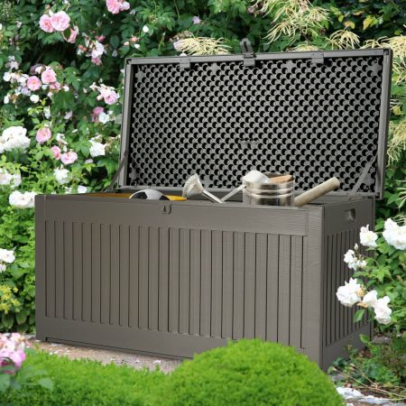 320L Grey Outdoor Garden Storage Box with Plastic Lid-Grey