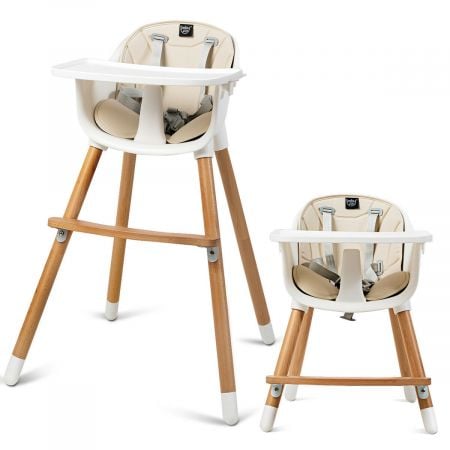 Dual Wooden Combination Modern Padded Highchair with beech legs, adjustable footrest, and removable tray for toddlers.