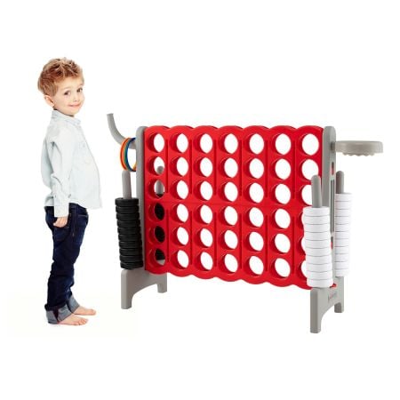 Giant Connect 4 game set in grey with 42 rings, perfect for outdoor fun and cognitive development for kids and adults.