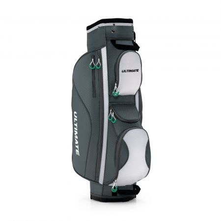 Lightweight golf cart bag in gray with 14 dividers and 7 zippered pockets for organized club storage and easy transport.