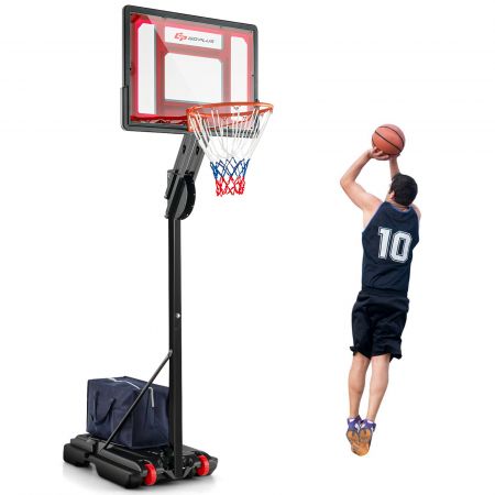 Height adjustable basketball hoop with built-in wheels, showcasing the transparent backboard for family-friendly.