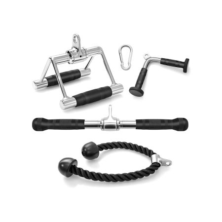 Cable machine attachment set featuring V handle, double D handle, straight bar, and tricep rope for versatile workouts.