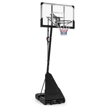 Basketball hoop system with 44-inch shatterproof backboard, adjustable height, and portable base for indoor or outdoor.