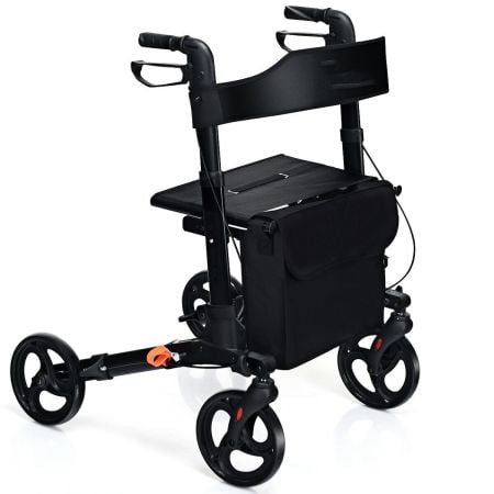 Foldable rollator mobility aid in black with removable storage bag, lightweight aluminum frame, and adjustable backrest.