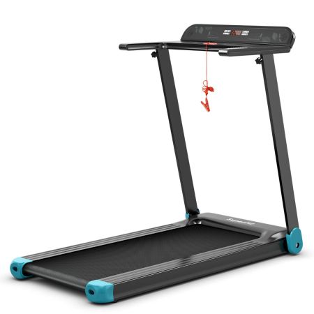 Folding treadmill with Bluetooth speaker and LED display, designed for home use and fitness tracking.