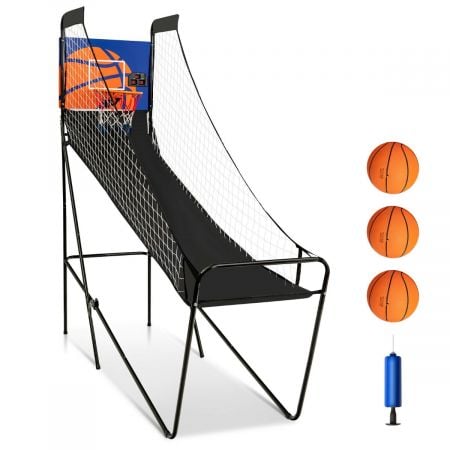 Folding basketball arcade game with electronic scorer, includes 3 basketballs and pump, perfect for indoor fun.