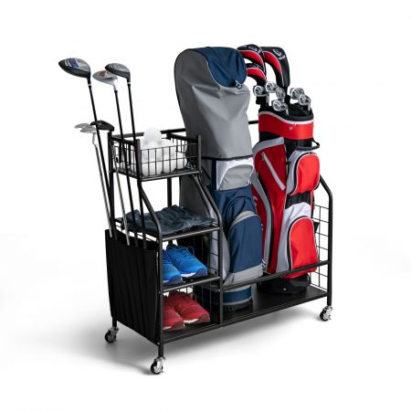 Double golf bag storage rack with lockable wheels, featuring shelves and hooks for organizing golf bags and accessories.