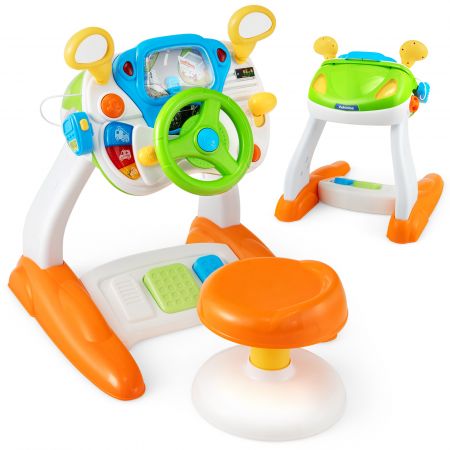 Kids steering wheel toy with stool, featuring a flexible steering wheel, realistic sounds, and interactive driving.