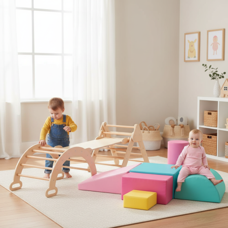 Toddler climbing frame with soft play blocks, featuring a wooden arch and colorful foam pieces for indoor activities.
