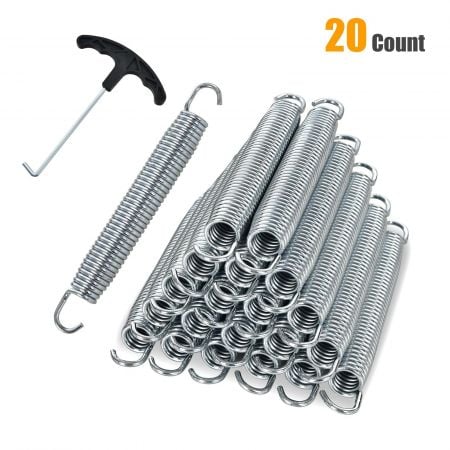 Heavy-duty trampoline spring set with 20 rustproof galvanized steel springs and T-hook pull tool for easy installation.