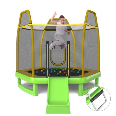7 ft hexagonal trampoline with slide, safety enclosure net, and colorful ocean balls for indoor and outdoor fun.
