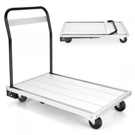 Folding aluminum alloy platform truck with ergonomic handle and 4 TPR wheels, supports up to 350kg for easy transport.