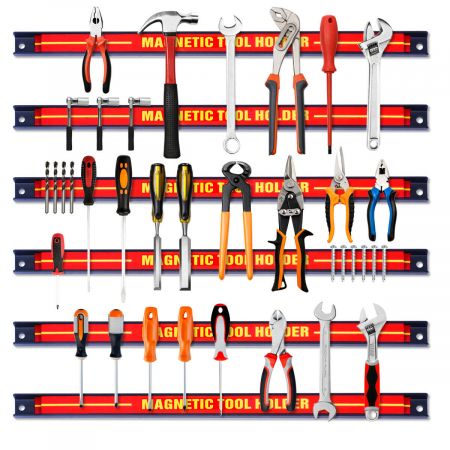 Set of 6 magnetic tool holders mounted on a wall, featuring various tools for efficient organization and easy access.