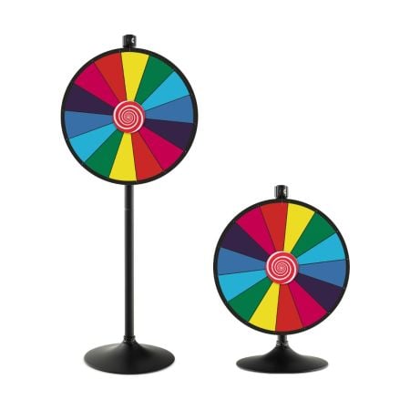 Colorful 60 cm spinning prize wheel with stand, suitable for tabletop or floor use at events and trade shows.