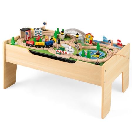 Wooden train table with 78 pieces, featuring vibrant scenes and versatile play options for kids aged 3+, promoting.