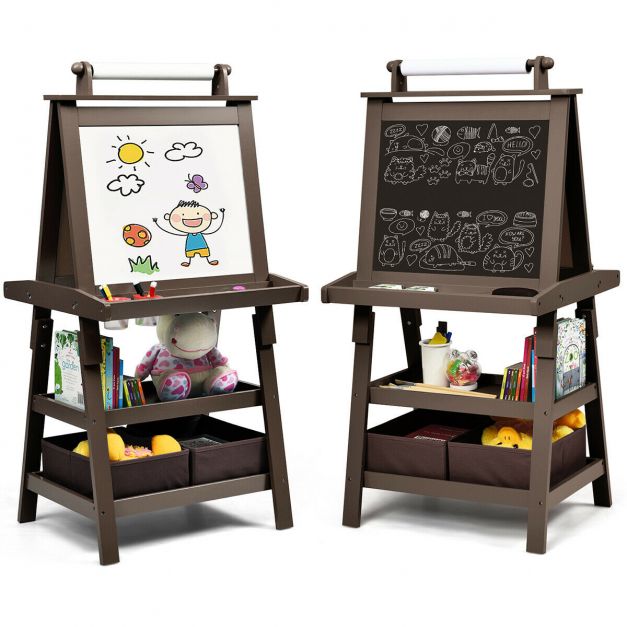 Easel for Kids with 2 Drawing Paper Roll Gift & Art Supplies for Toddler Learning-Toy for 3,4,5,6,7,8 Years Old Boy & Girls Wooden Chalkboard & Magnetic Whiteboard & Painting Paper Stand 