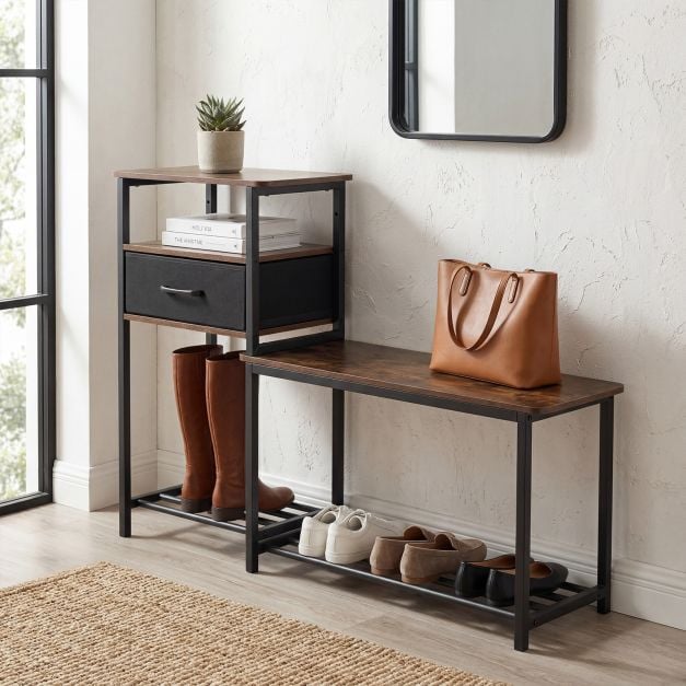 3-Tier Shoe Rack Bench Industrial Shoe Storage Bench with Drawer
