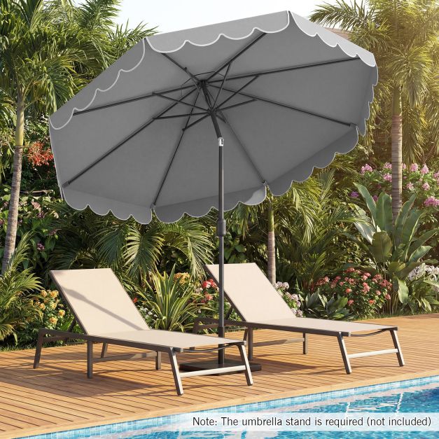 Grey 3m patio umbrella with scallop trim, featuring a push button tilt and crank for easy shade adjustment by the. Grey 3m patio umbrella with scallop trim, featuring a push button tilt and crank for easy shade adjustment by the.