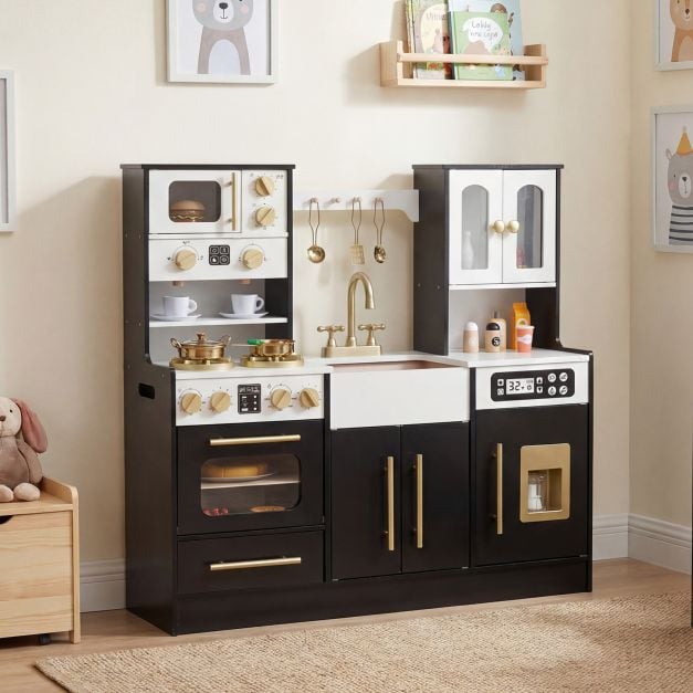 Wooden play kitchen in black with realistic lights and sounds, featuring stovetop, sink, and ample storage for creative. Wooden play kitchen in black with realistic lights and sounds, featuring stovetop, sink, and ample storage for creative.