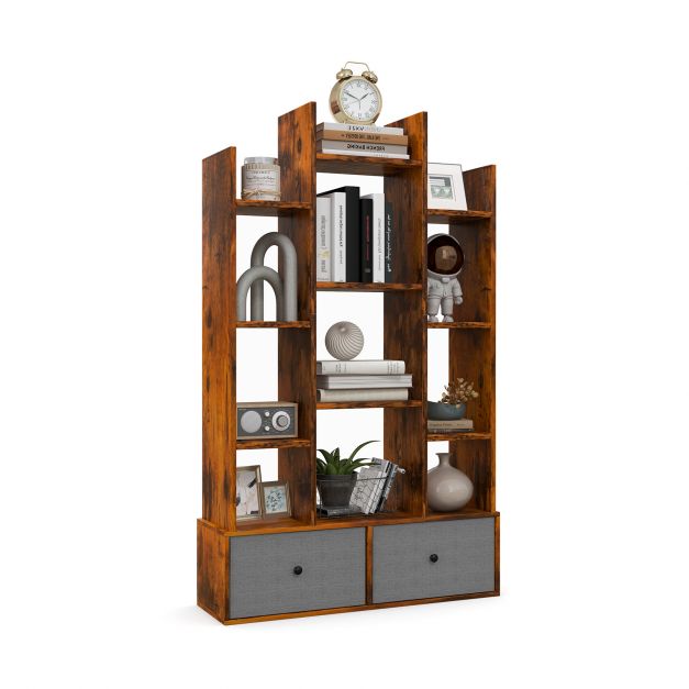 12-Tier Wooden Bookshelf with Folding Drawer for Study Living Room ...