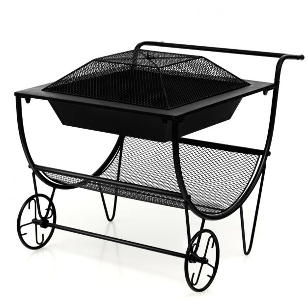 Rolling Outdoor Fire Pit with Firewood Rack - Costway