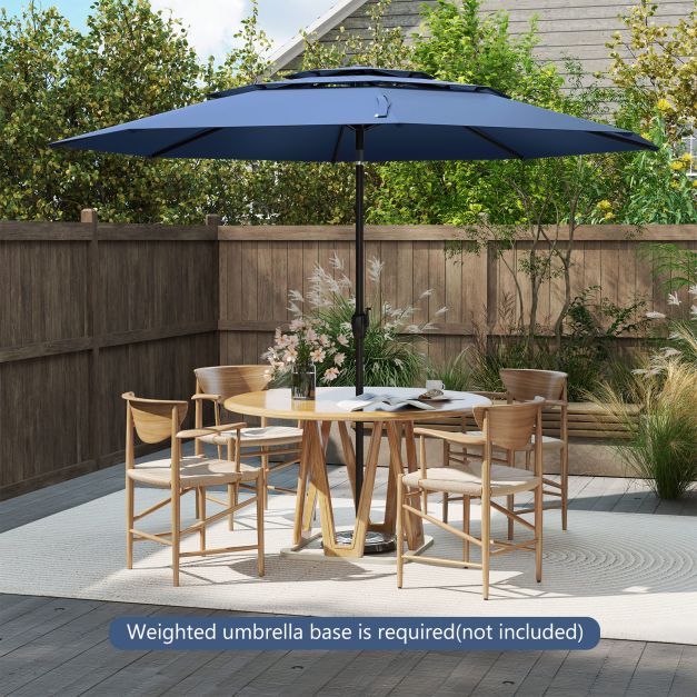 Navy 295 cm 3-tier patio umbrella with tilt mechanism, providing cool shade for outdoor gatherings on a wooden deck. Navy 295 cm 3-tier patio umbrella with tilt mechanism, providing cool shade for outdoor gatherings on a wooden deck.