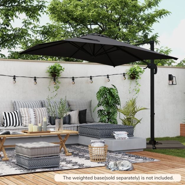 Patio offset umbrella in black with 360° rotation and 5 adjustable tilt angles, ideal for outdoor settings. Patio offset umbrella in black with 360° rotation and 5 adjustable tilt angles, ideal for outdoor settings.