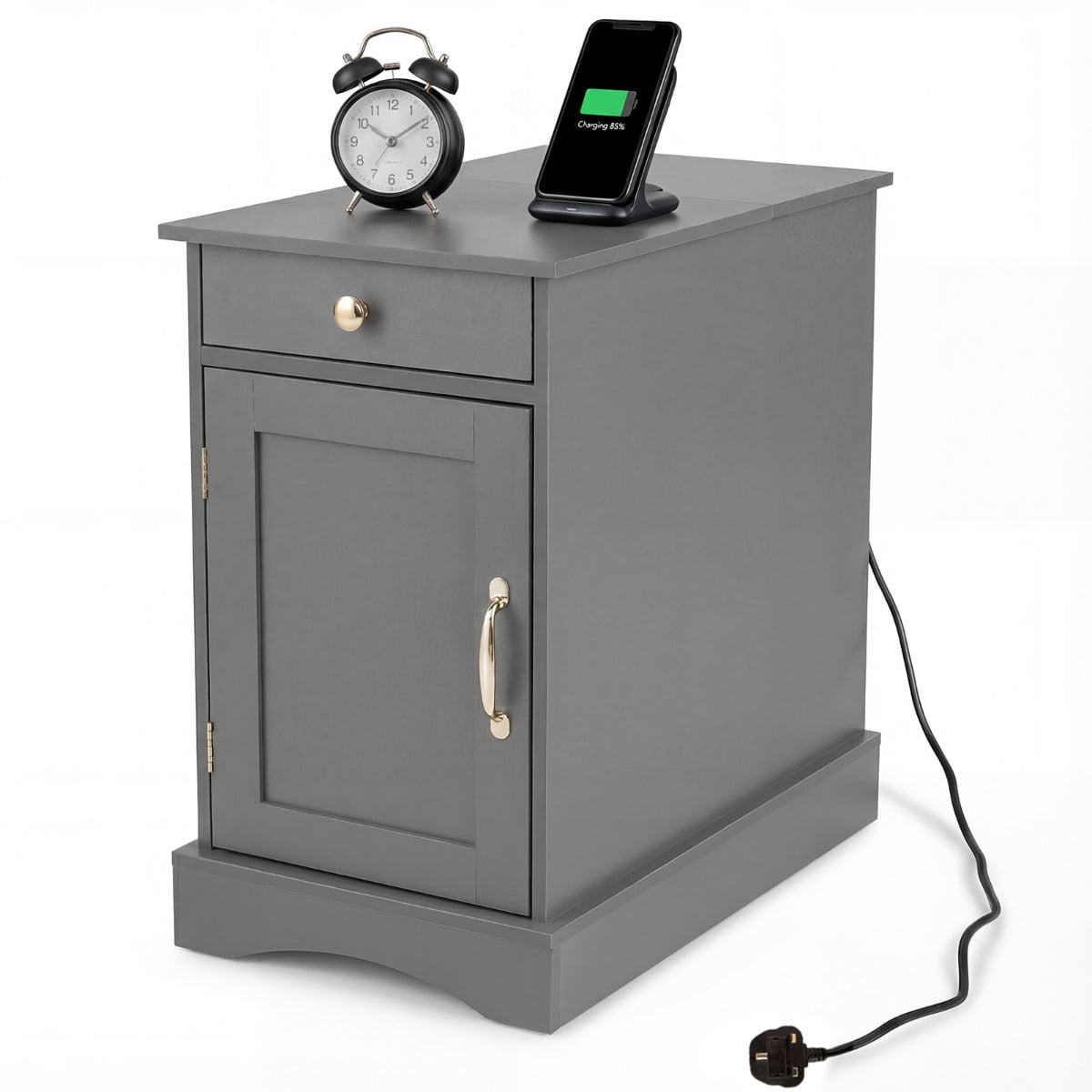 Costway Grey End Table Narrow Nightstand Bedside Table With Charging Station