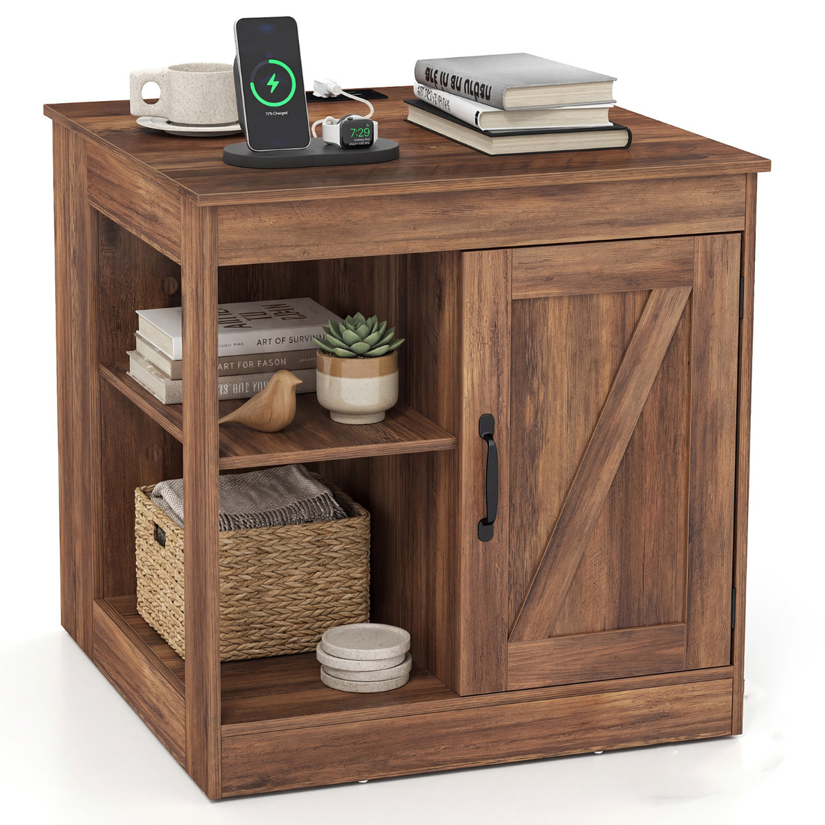 Costway Rustic Brown Farmhouse Nightstand With Charging Station Bedside Table With Adjustable Shelf