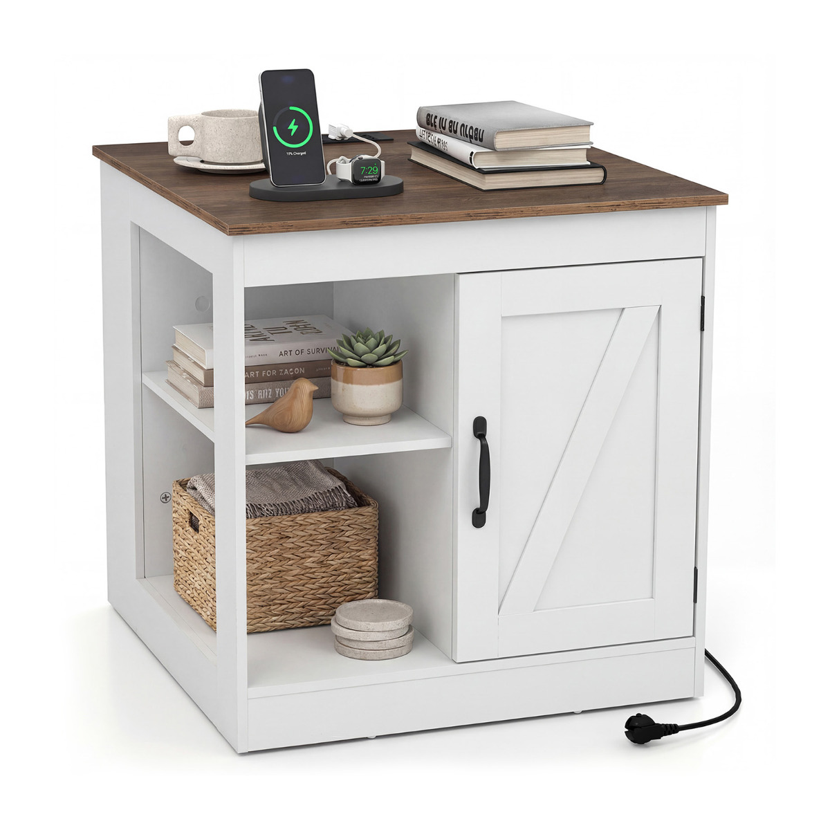 Costway White Farmhouse Nightstand With Charging Station Bedside Table With Adjustable Shelf