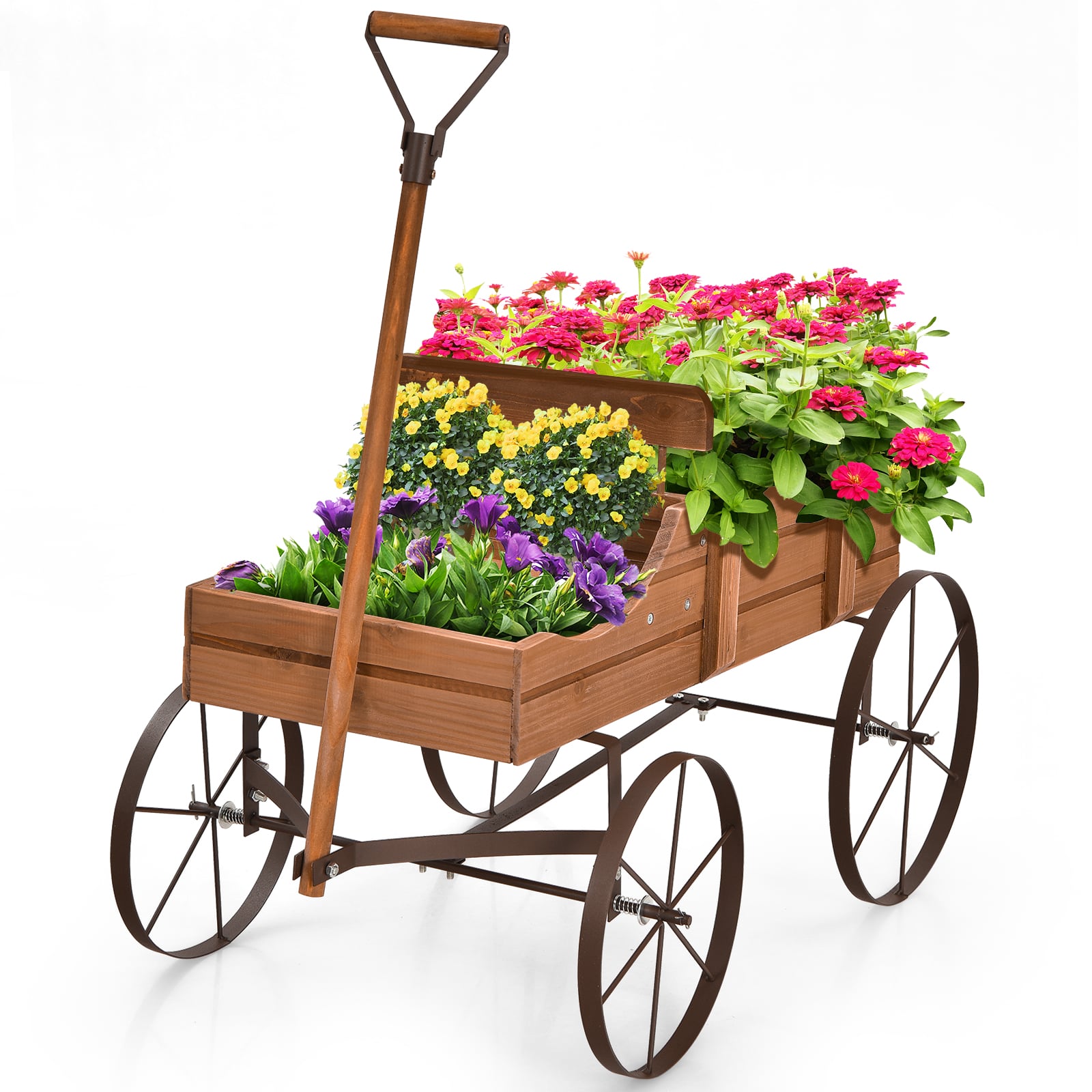 Costway Brown Wood Wagon Flower Planter With Wheels And 2 Planting Sections