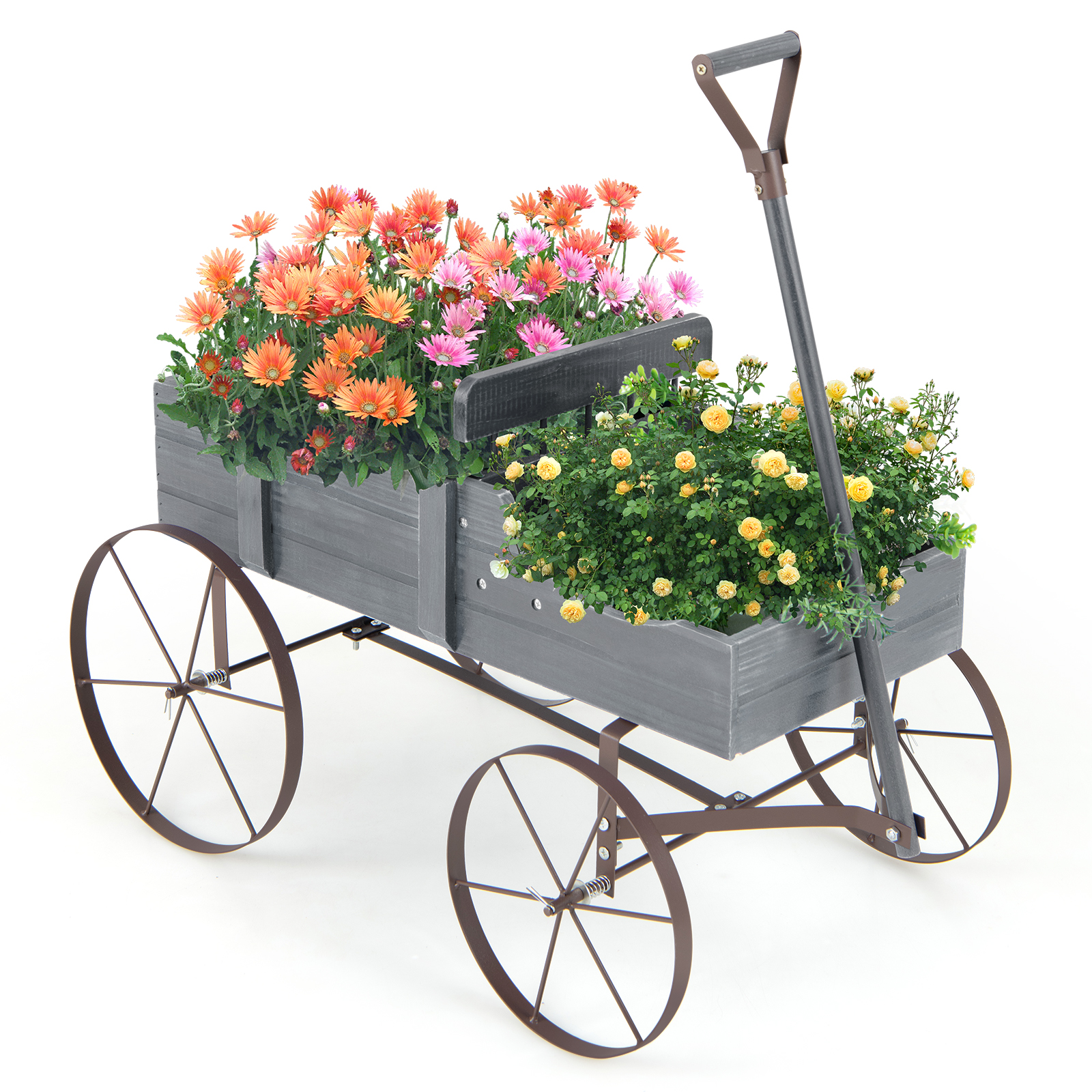 Costway Grey Wood Wagon Flower Planter With Wheels And 2 Planting Sections