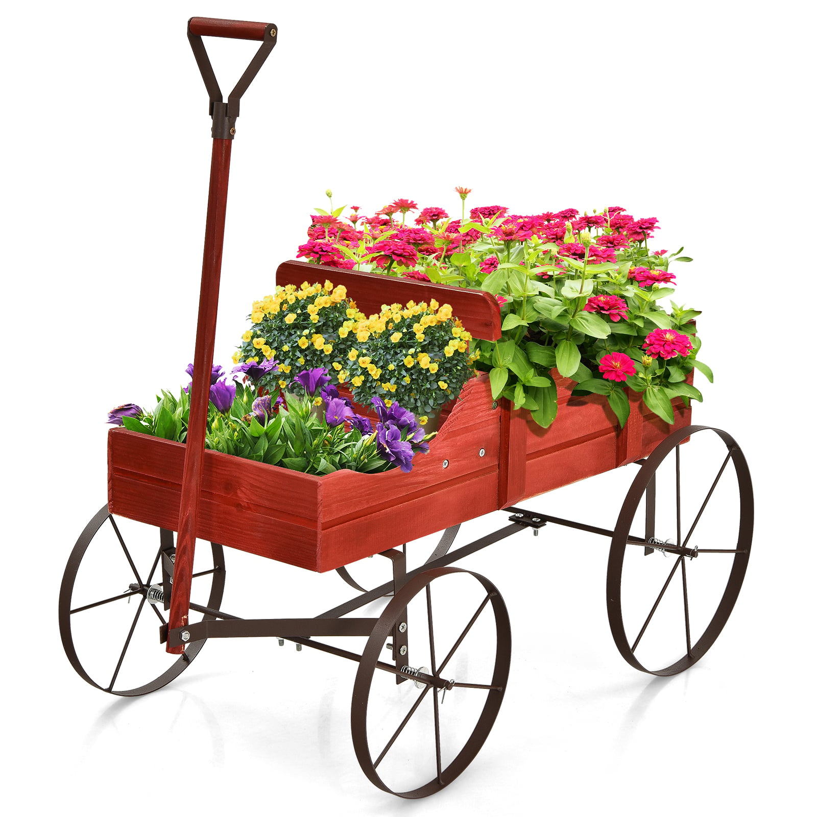 Costway Red Wood Wagon Flower Planter With Wheels And 2 Planting Sections