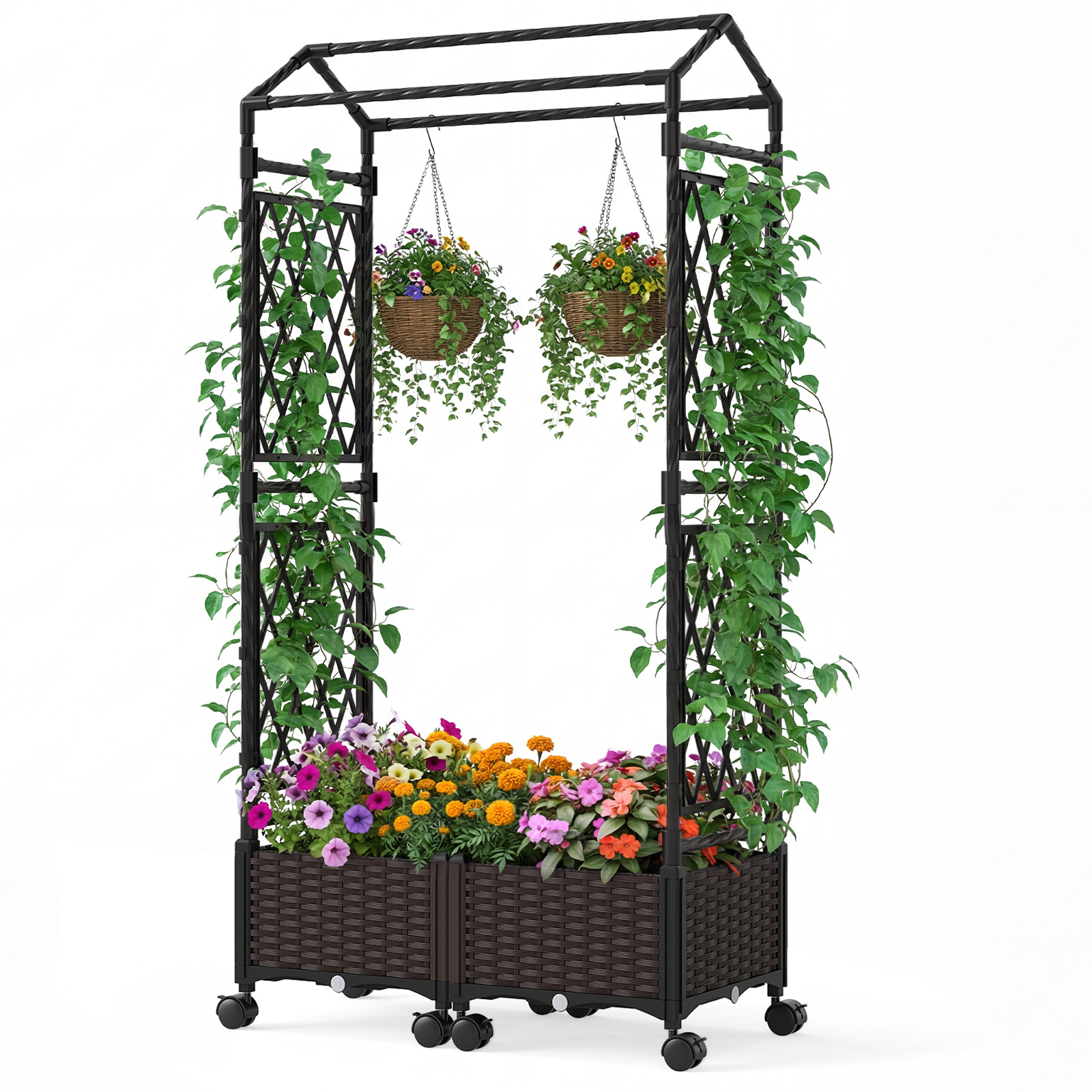 Costway Brown Self-Watering Planter Boxes With Lattice Trellis And Roof For Climbing Vine