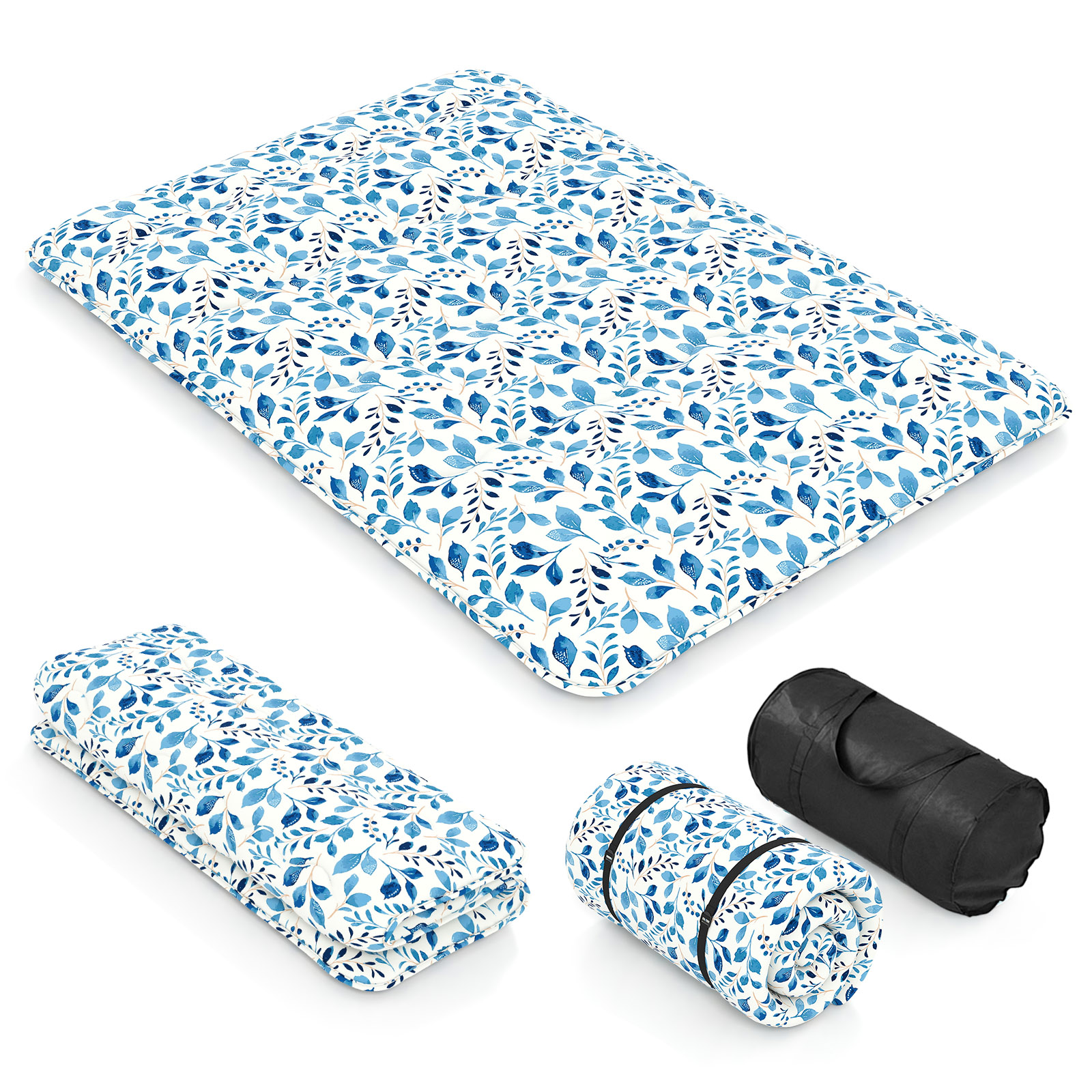 Costway Blue & White Japanese Floor Mattress With Washable Cover And Carry Bag-Compact Double